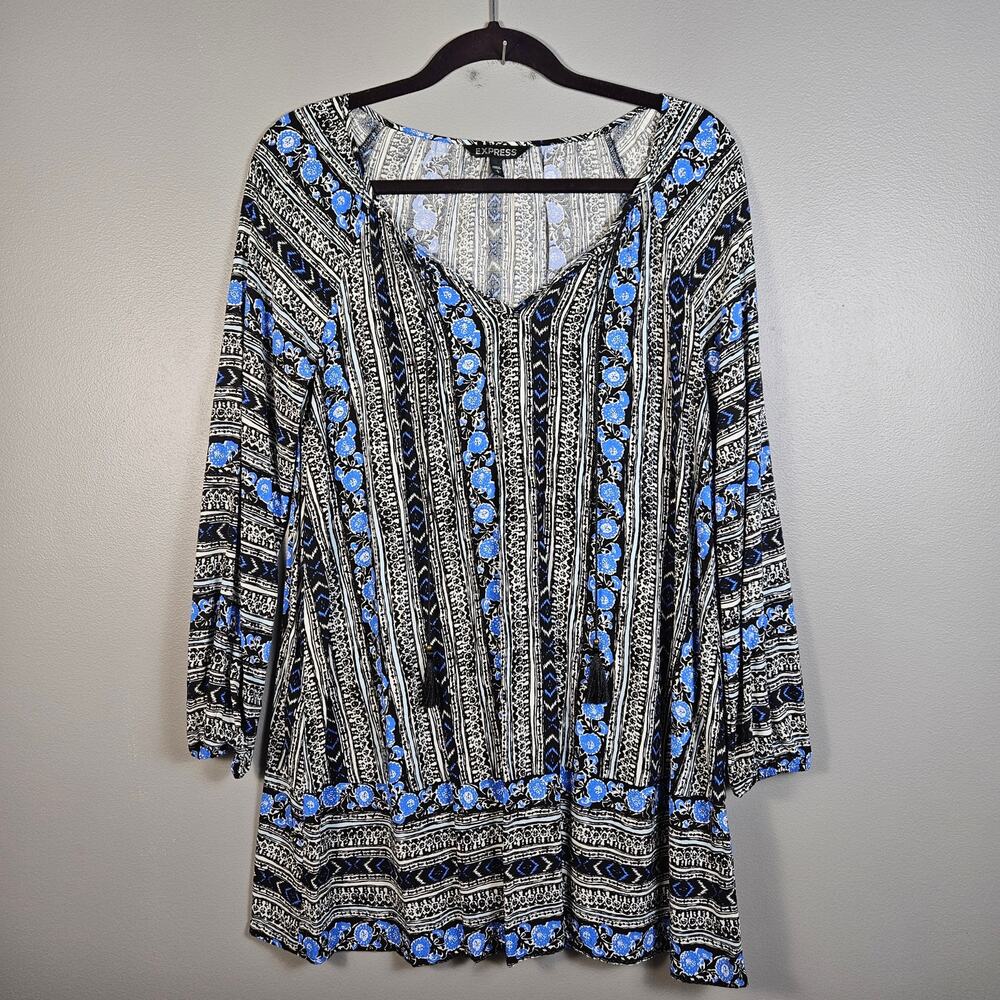 Express‎ Womens Small Long Sleeve Boho Print Tunic Dress Black Blue White